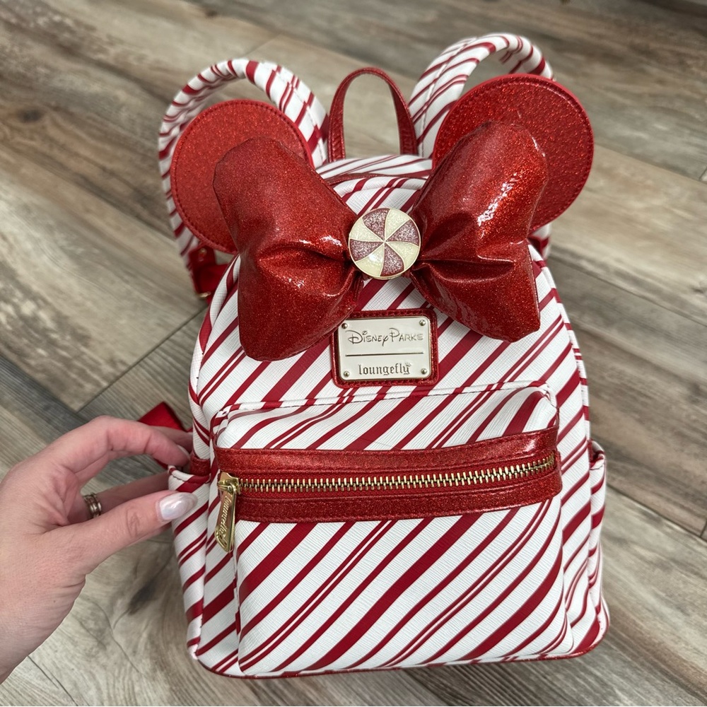 Disney Loungefly Red and White Candy Cane Striped Backpack with Bow